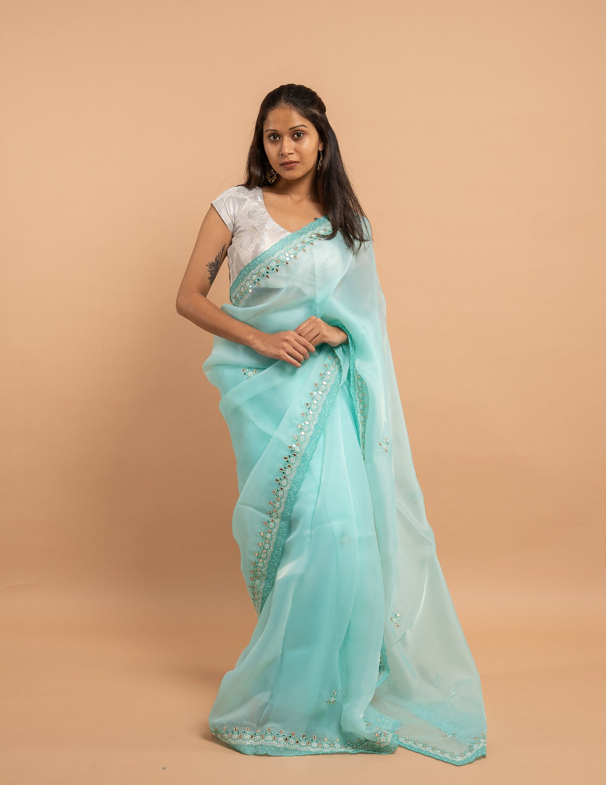 Aqua mirror and bead border saree – Organza silk