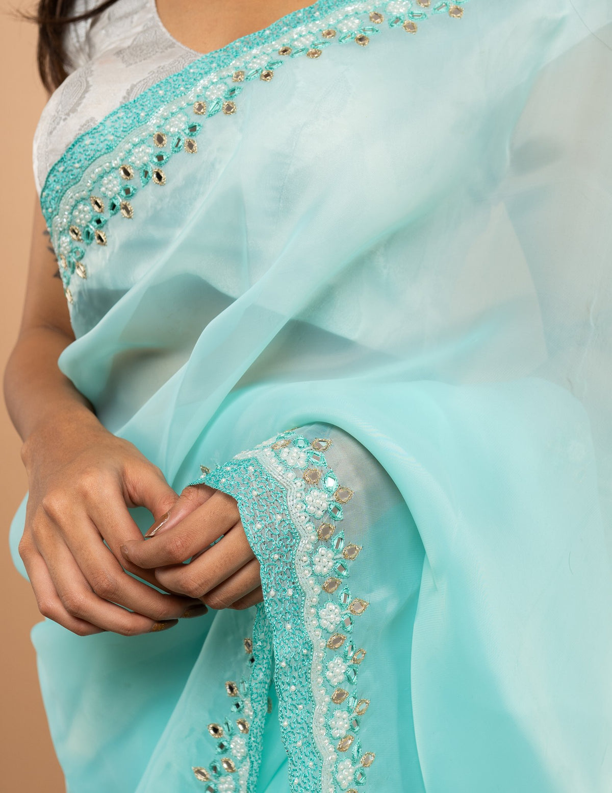 Aqua mirror and bead border saree – Organza silk