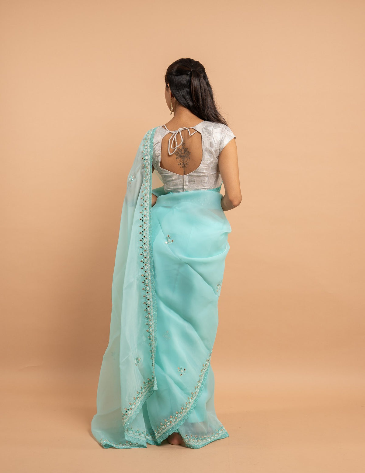 Aqua mirror and bead border saree – Organza silk
