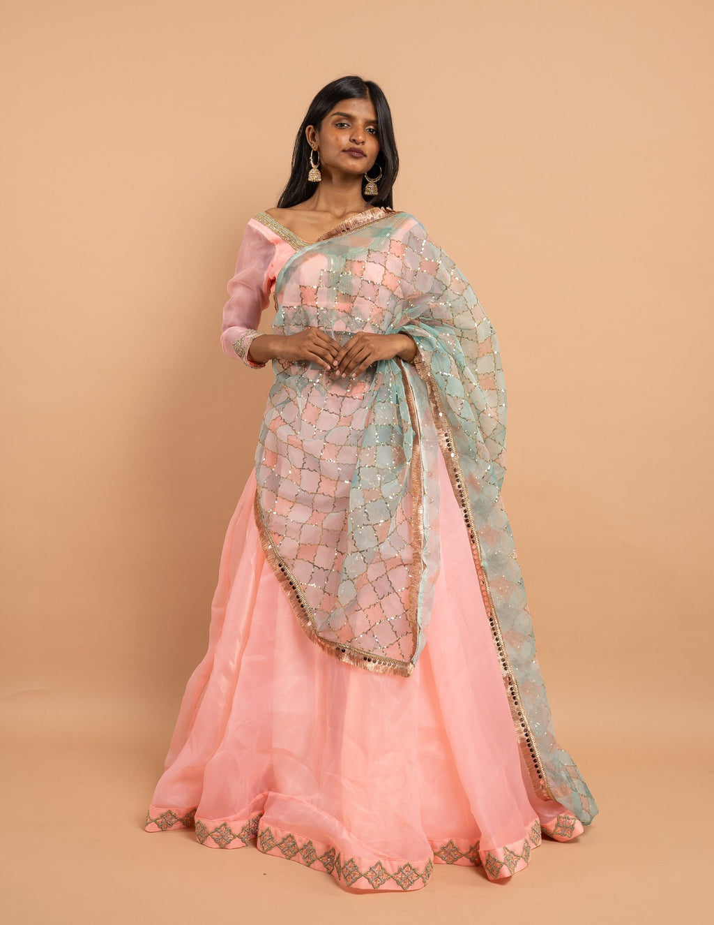 Pink lehenga with pastel sequin dupatta – Organza silk