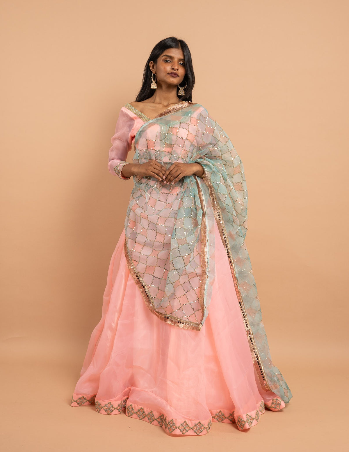Pink lehenga with pastel sequin dupatta – Organza silk