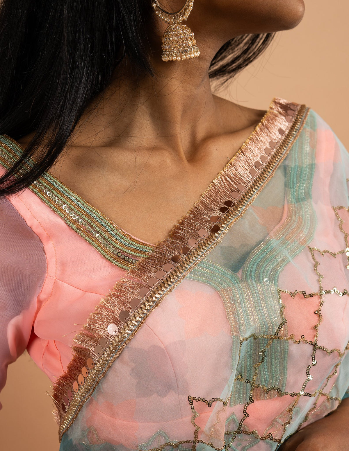 Pink lehenga with pastel sequin dupatta – Organza silk