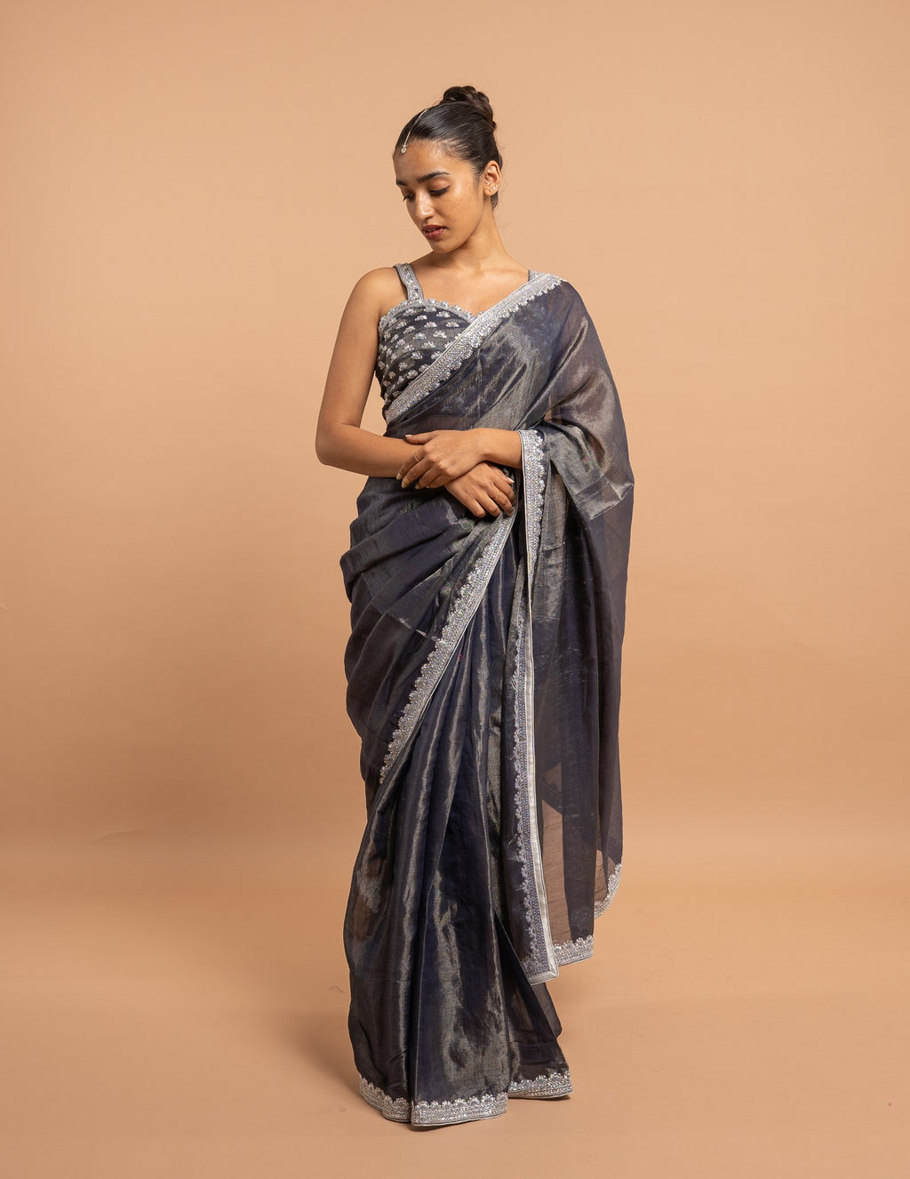 Charcoal grey silver border saree – Tissue silk