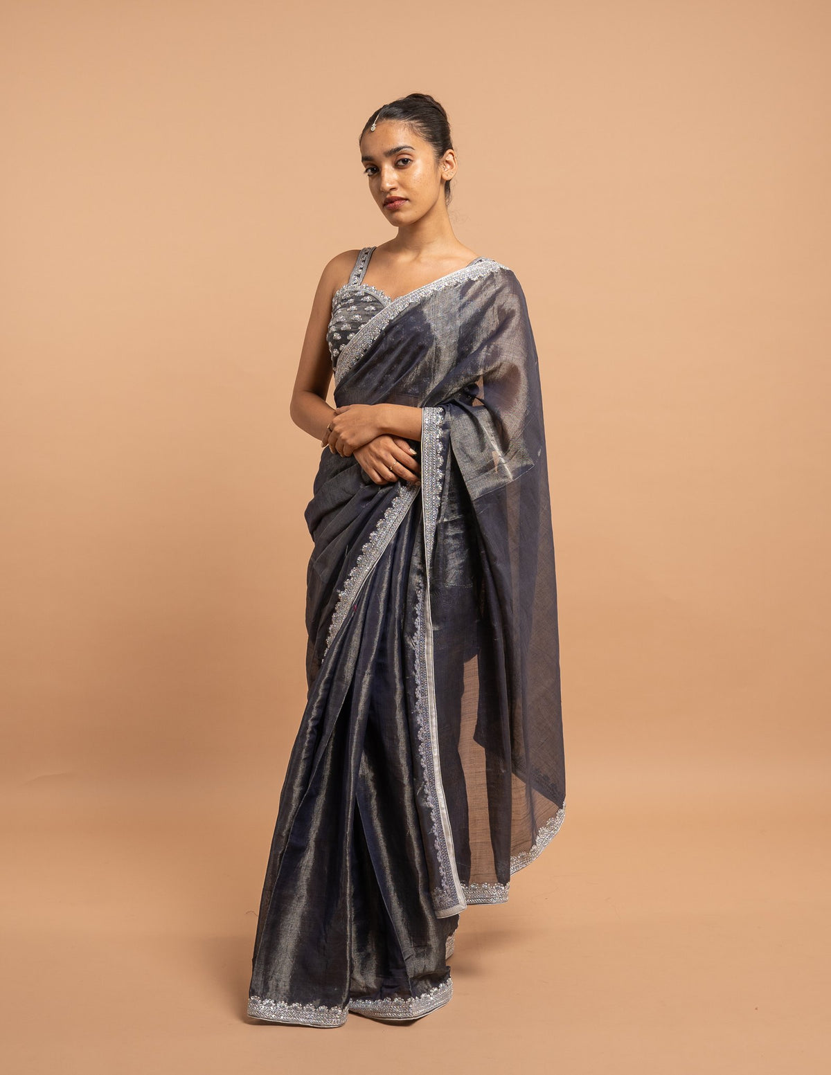Charcoal grey silver border saree – Tissue silk