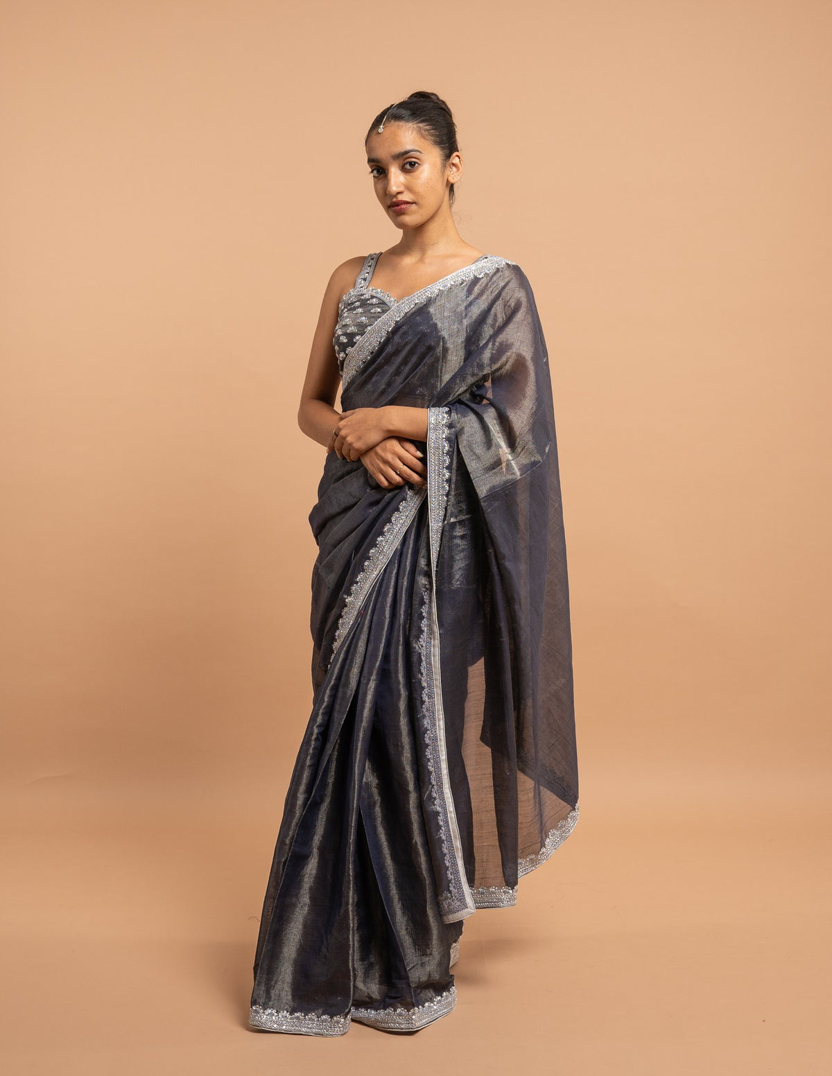 Charcoal grey silver border saree – Tissue silk