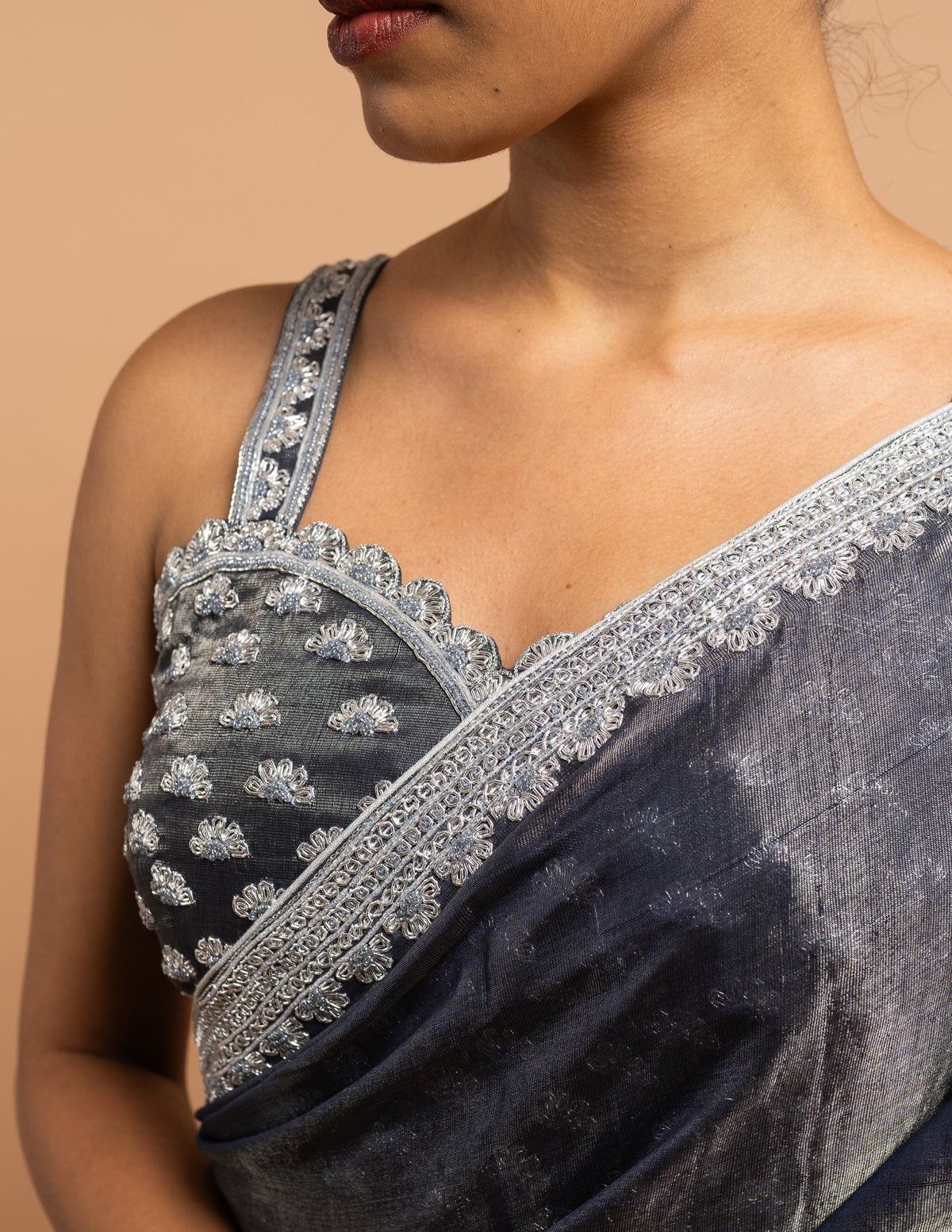 Charcoal grey silver border saree – Tissue silk