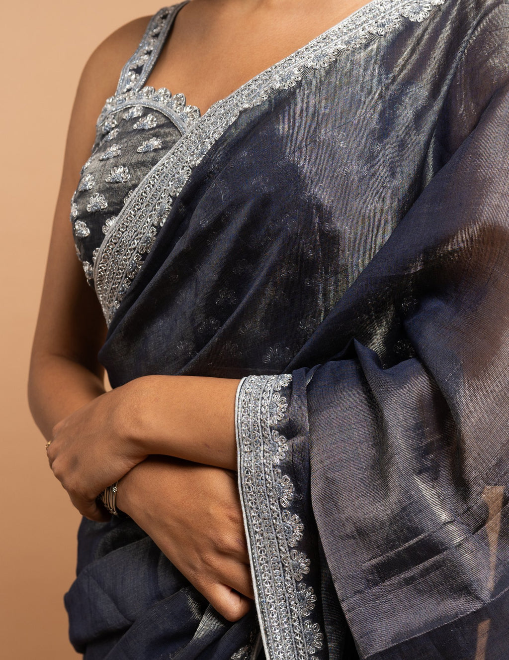 Charcoal grey silver border saree – Tissue silk