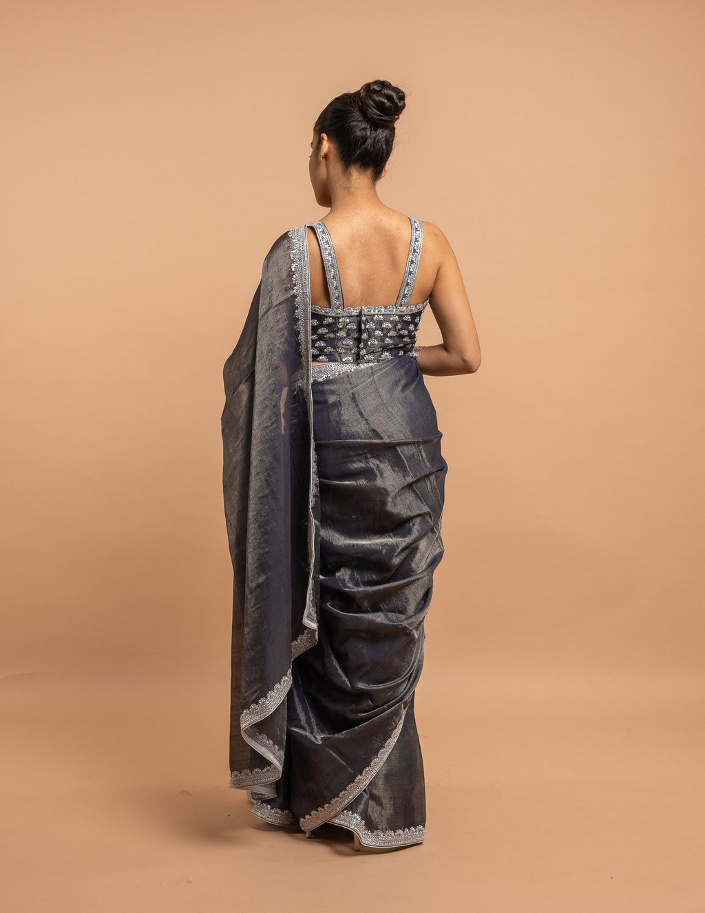 Charcoal grey silver border saree – Tissue silk
