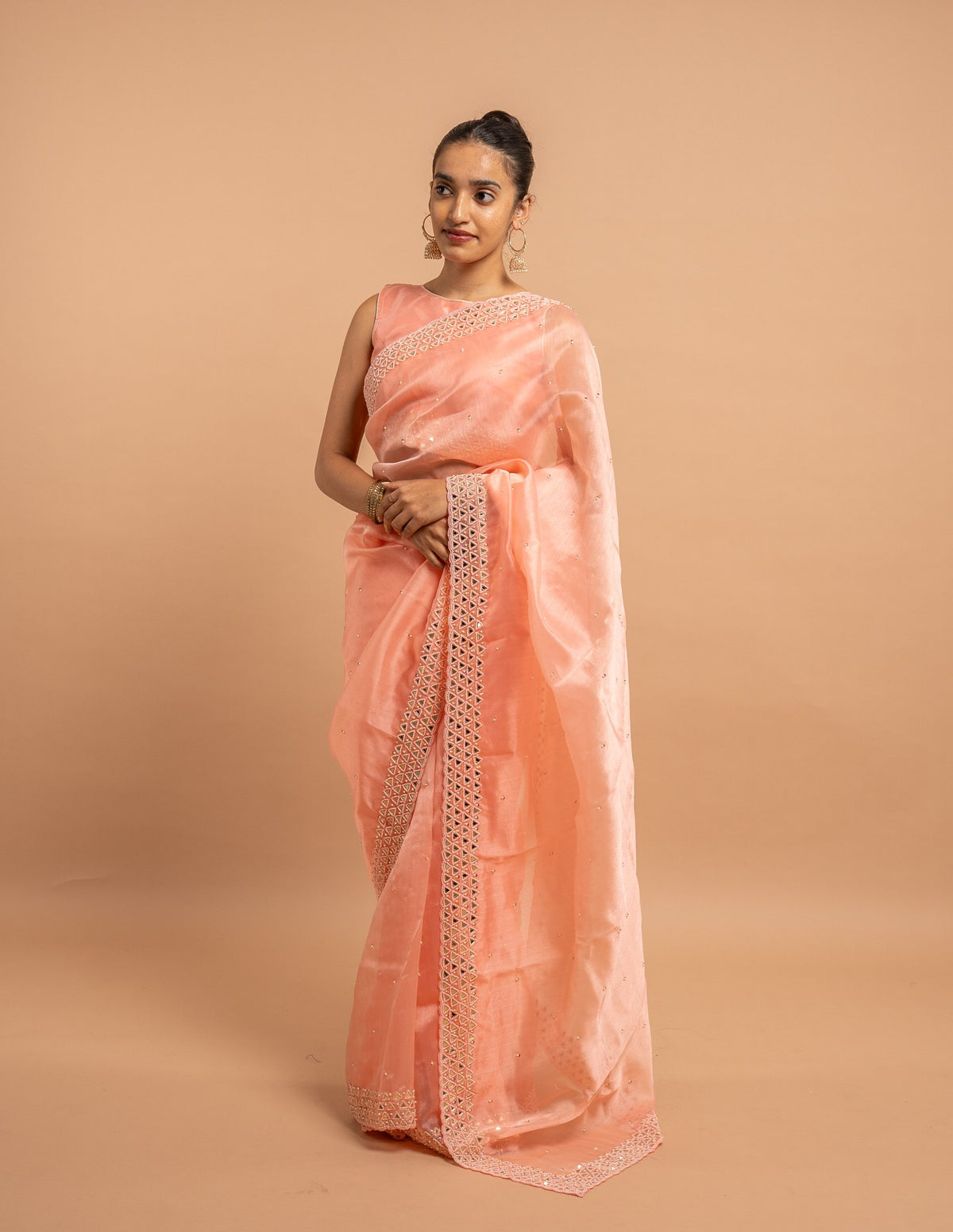 Peach mirror border saree – Organza silk