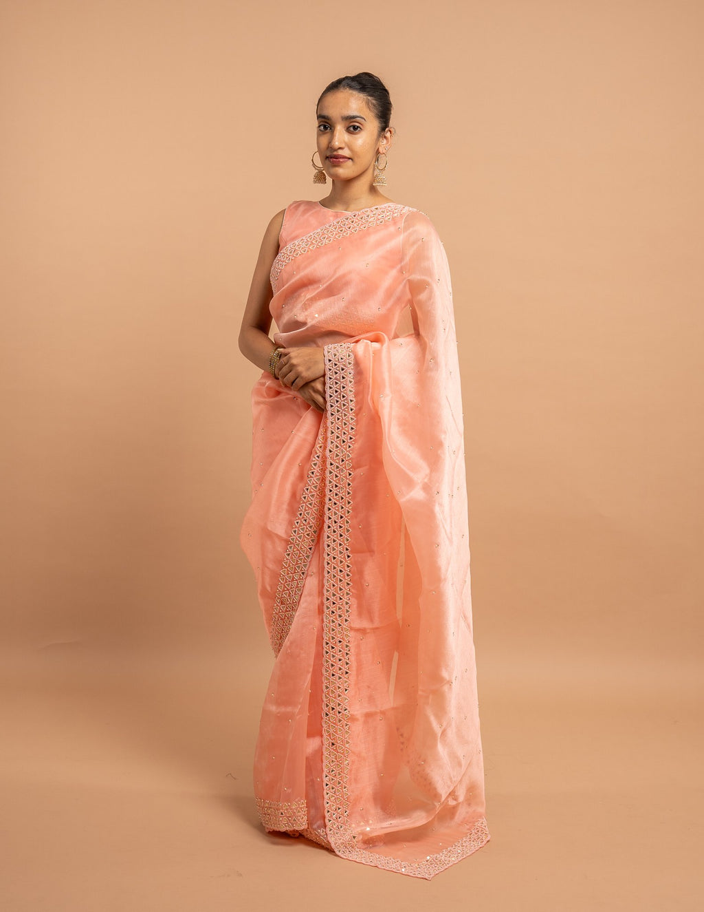 Peach mirror border saree – Organza silk