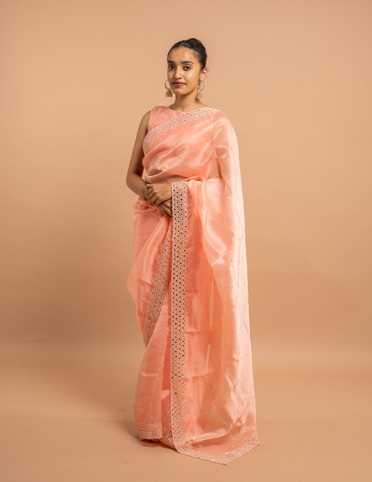 Peach mirror border saree – Organza silk