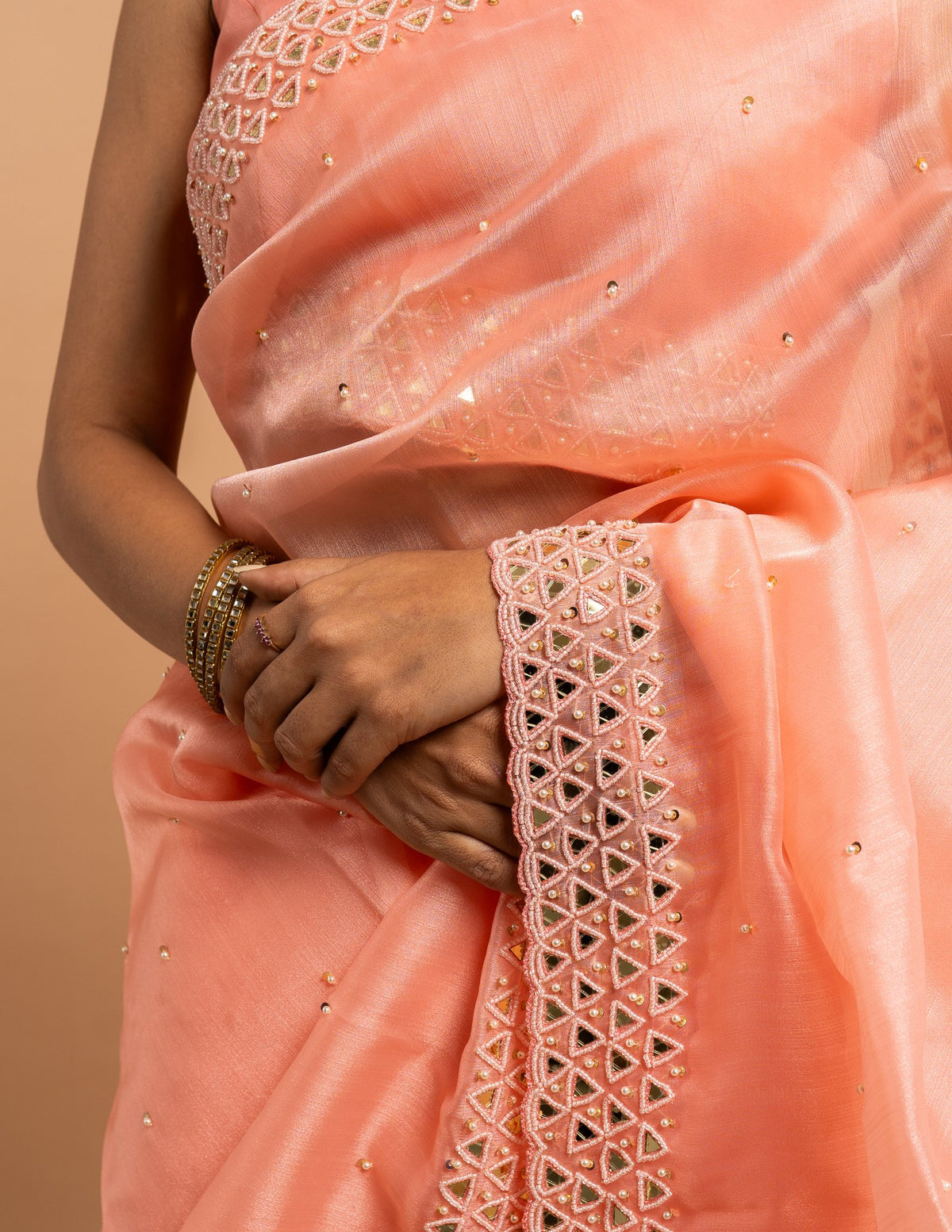 Peach mirror border saree – Organza silk