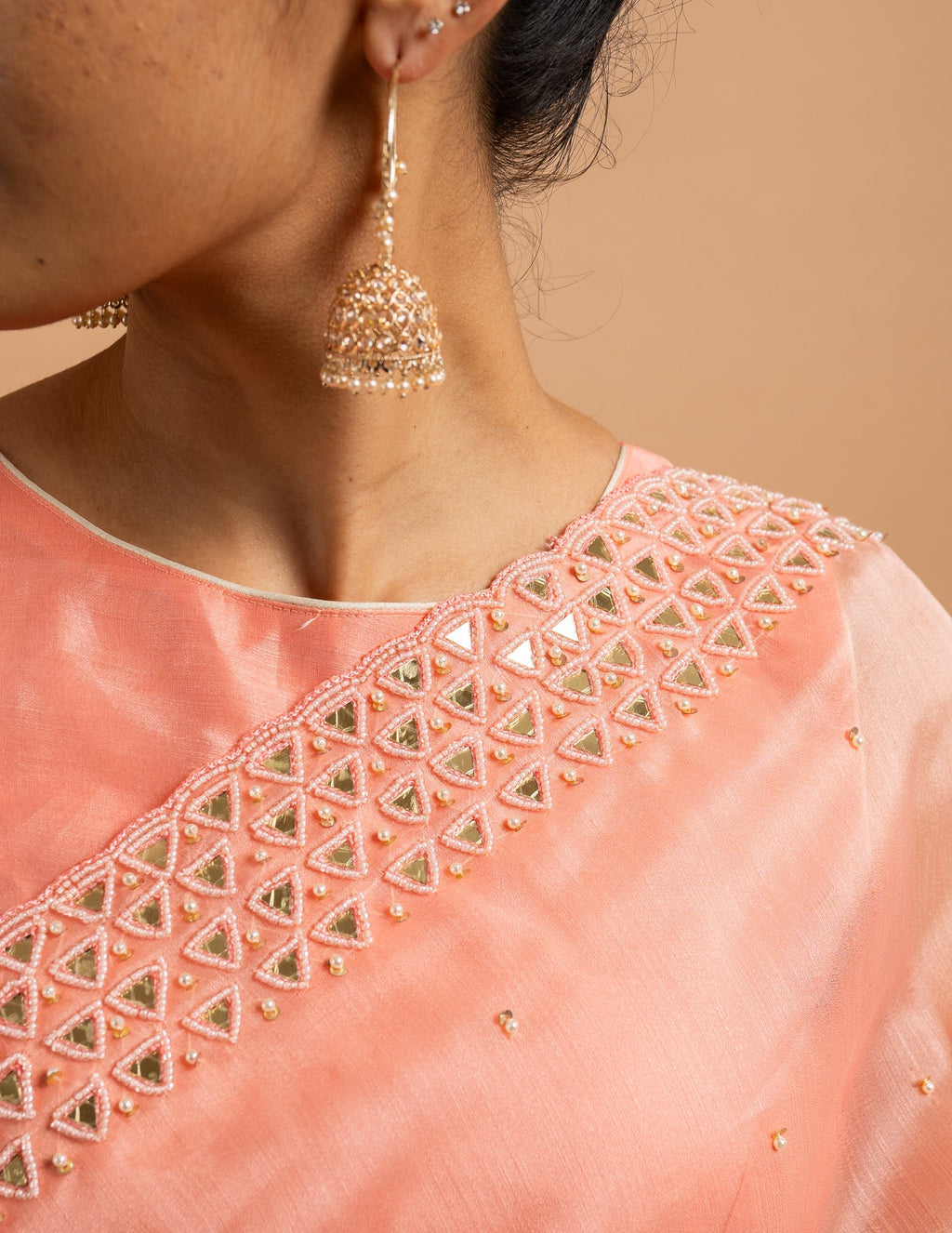 Peach mirror border saree – Organza silk