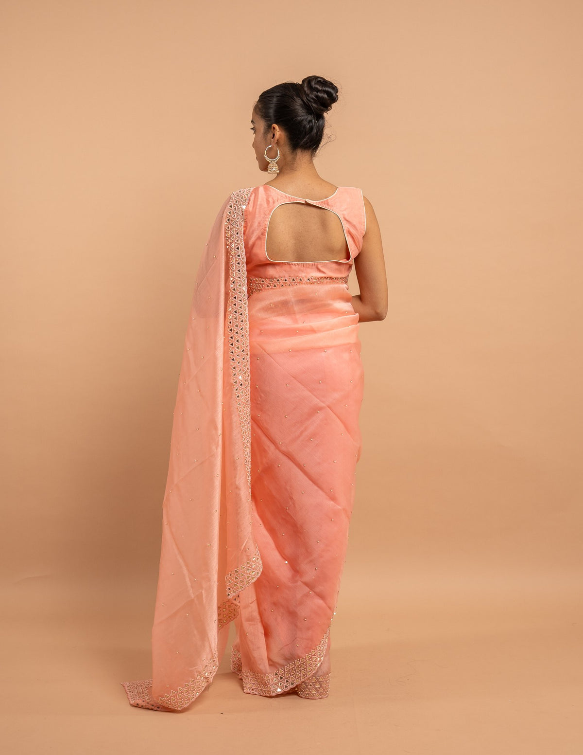 Peach mirror border saree – Organza silk