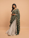 Silver lehenga with emerald botanical dupatta – Tissue silk