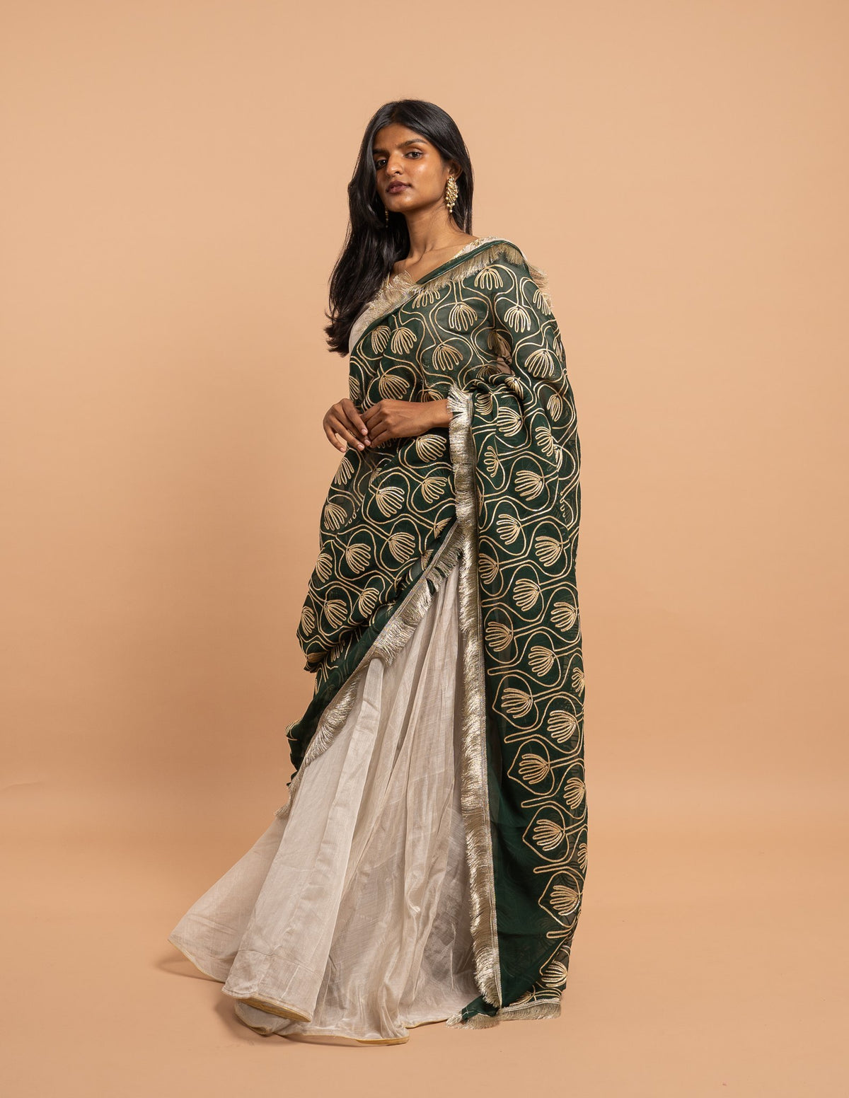 Silver lehenga with emerald botanical dupatta – Tissue silk