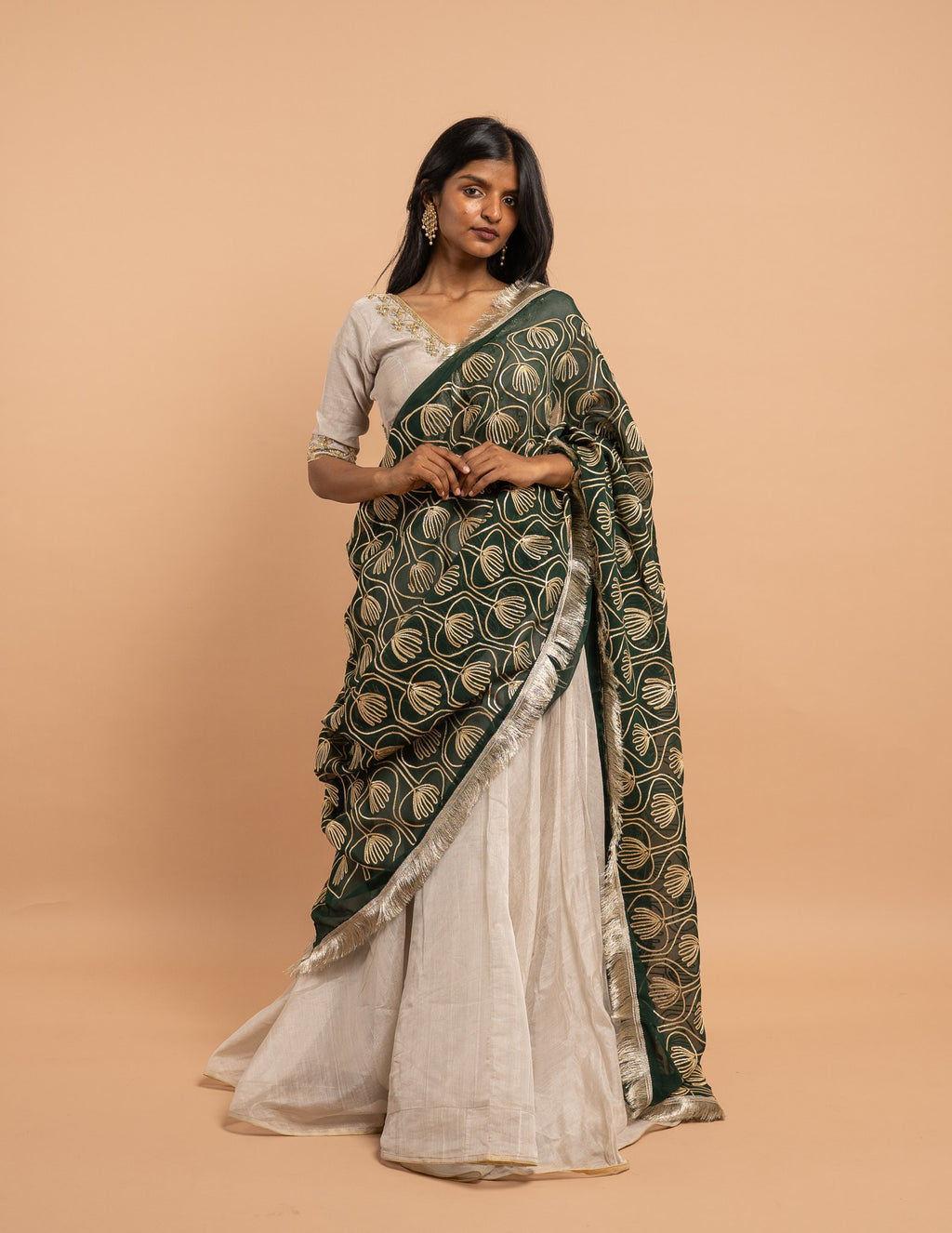 Silver lehenga with emerald botanical dupatta – Tissue silk