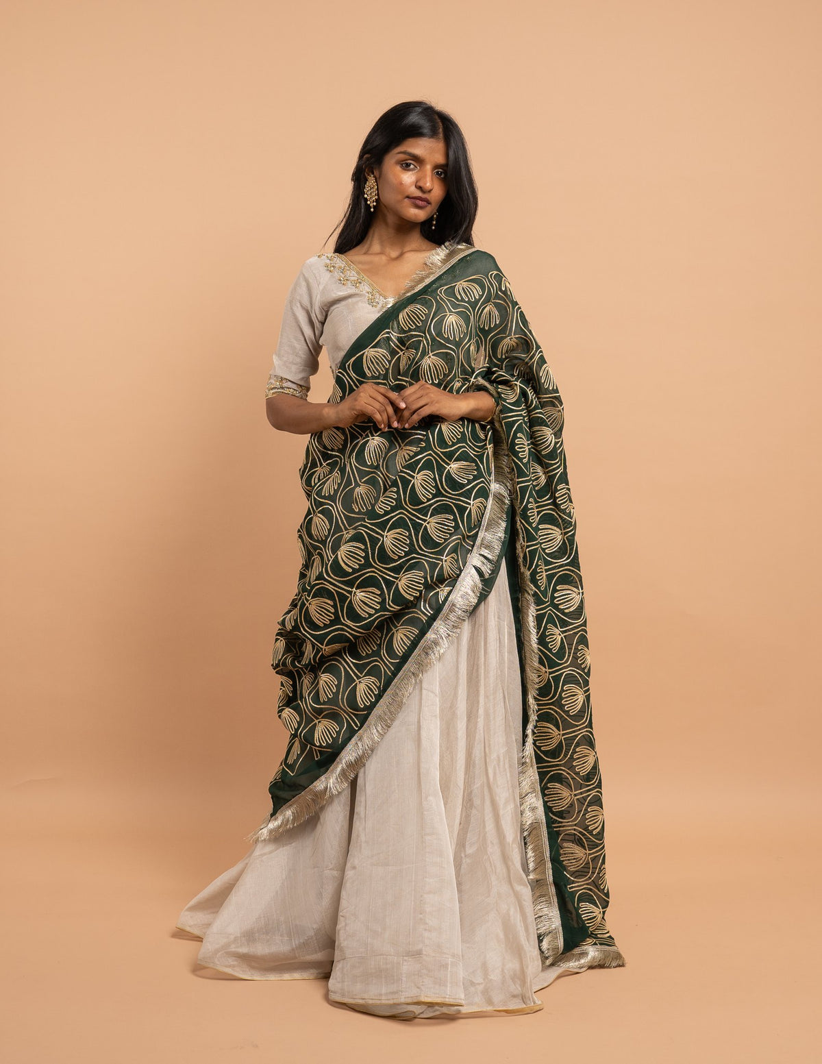 Silver lehenga with emerald botanical dupatta – Tissue silk
