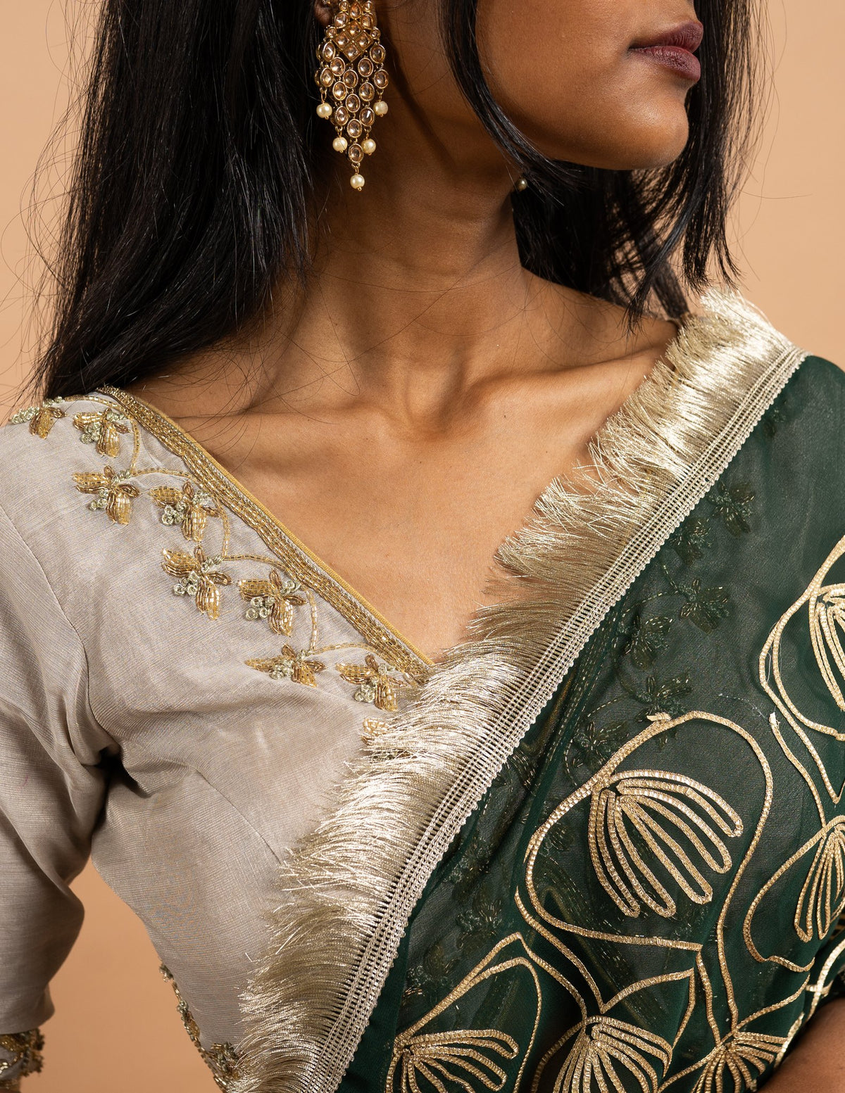 Silver lehenga with emerald botanical dupatta – Tissue silk