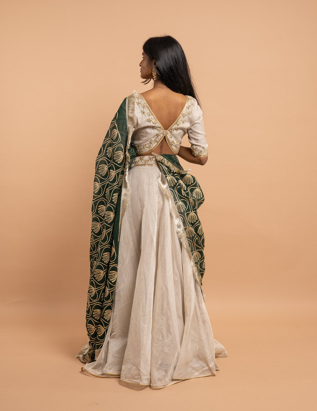Silver lehenga with emerald botanical dupatta – Tissue silk