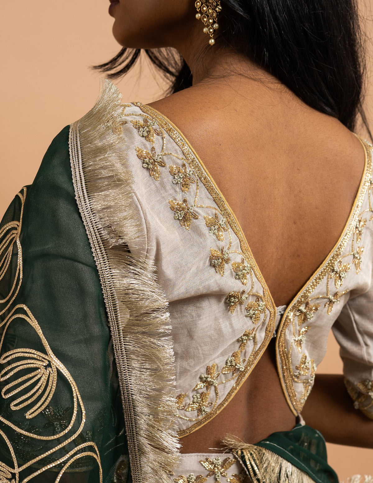 Silver lehenga with emerald botanical dupatta – Tissue silk