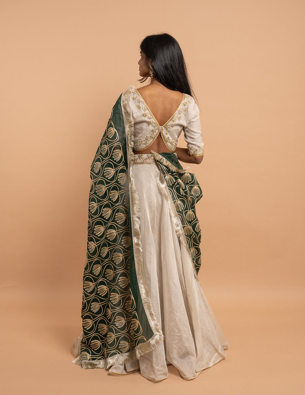 Silver lehenga with emerald botanical dupatta – Tissue silk