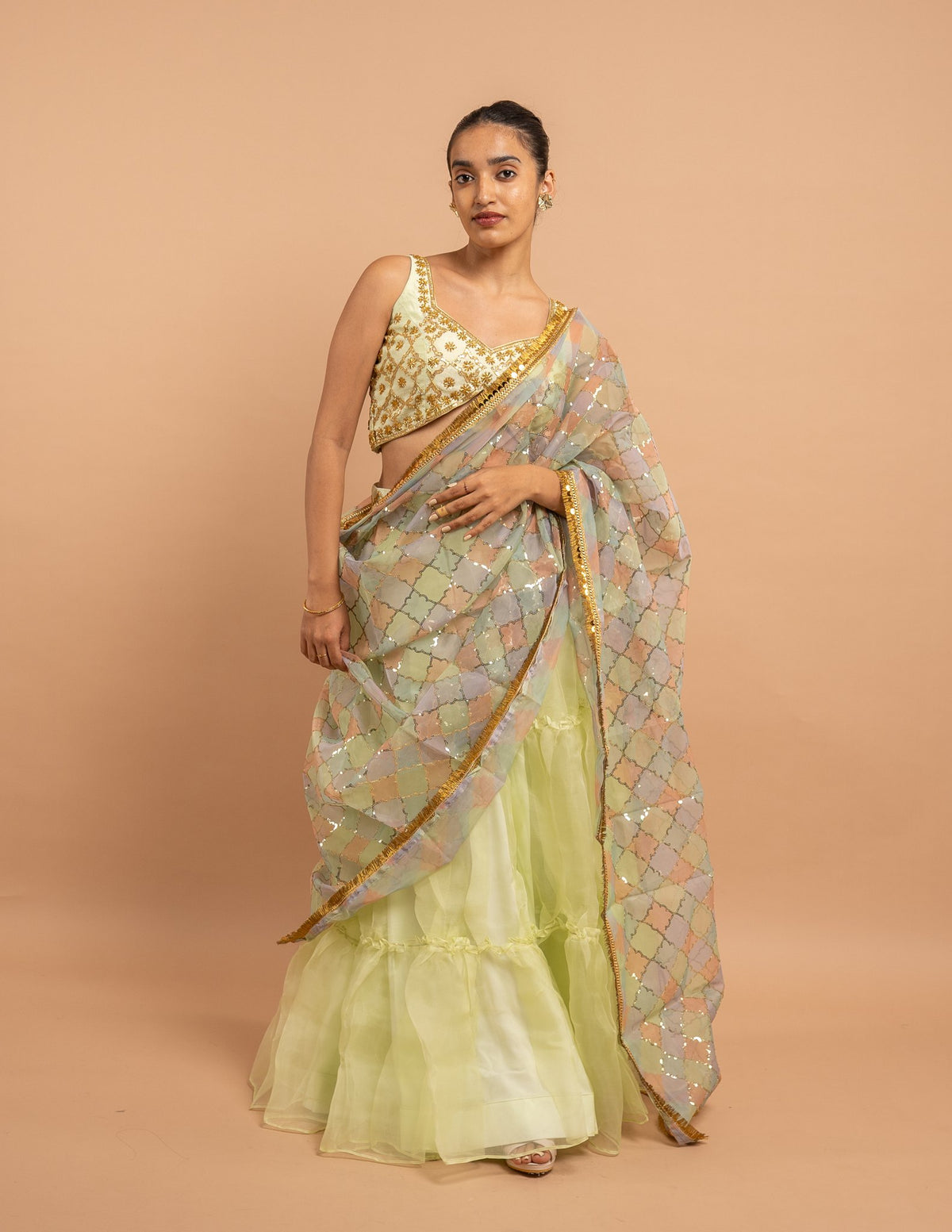 Lime lehenga with pastel sequin dupatta – Organza silk