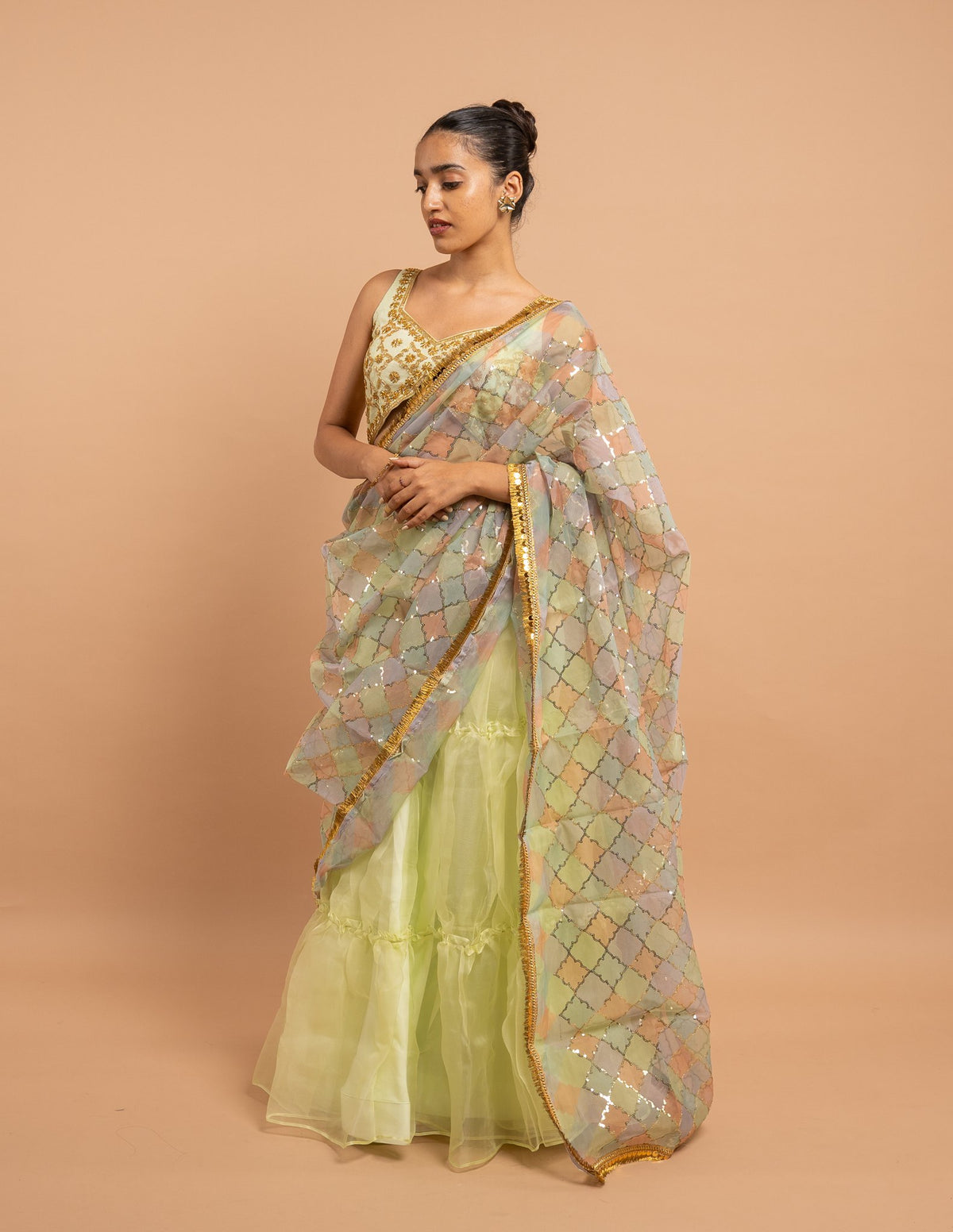 Lime lehenga with pastel sequin dupatta – Organza silk