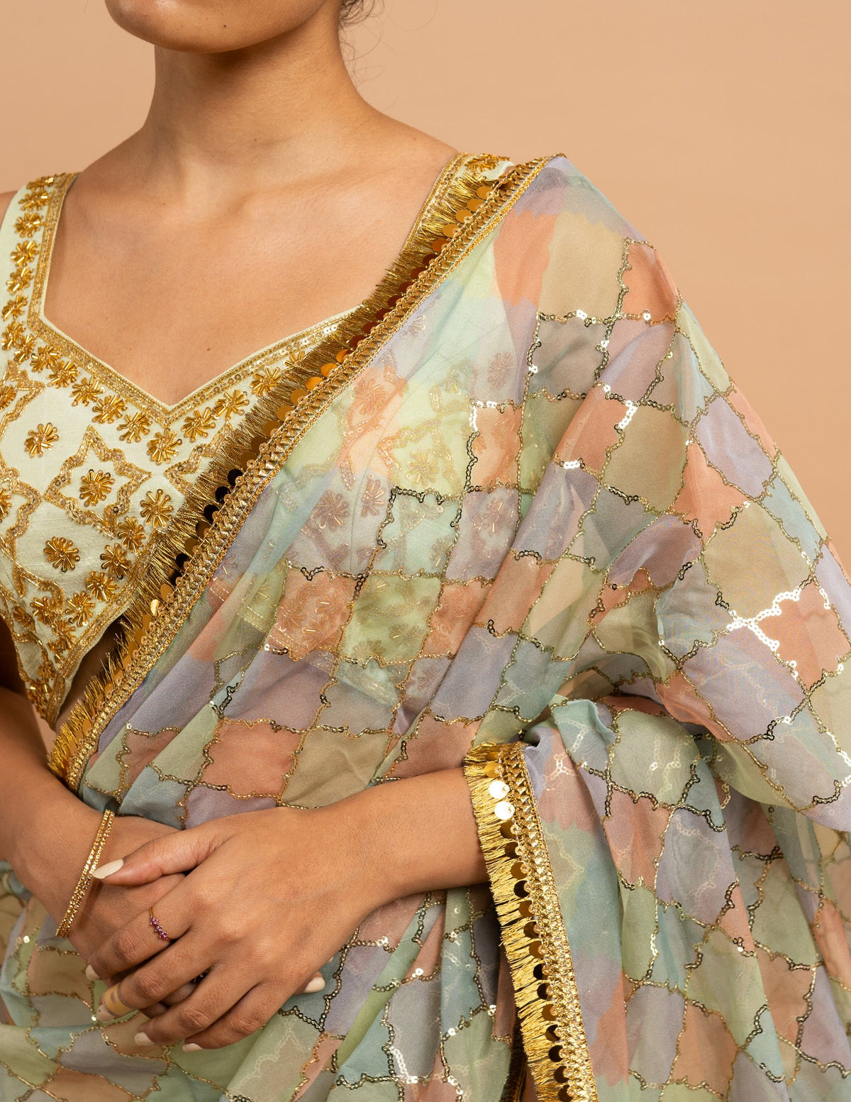 Lime lehenga with pastel sequin dupatta – Organza silk