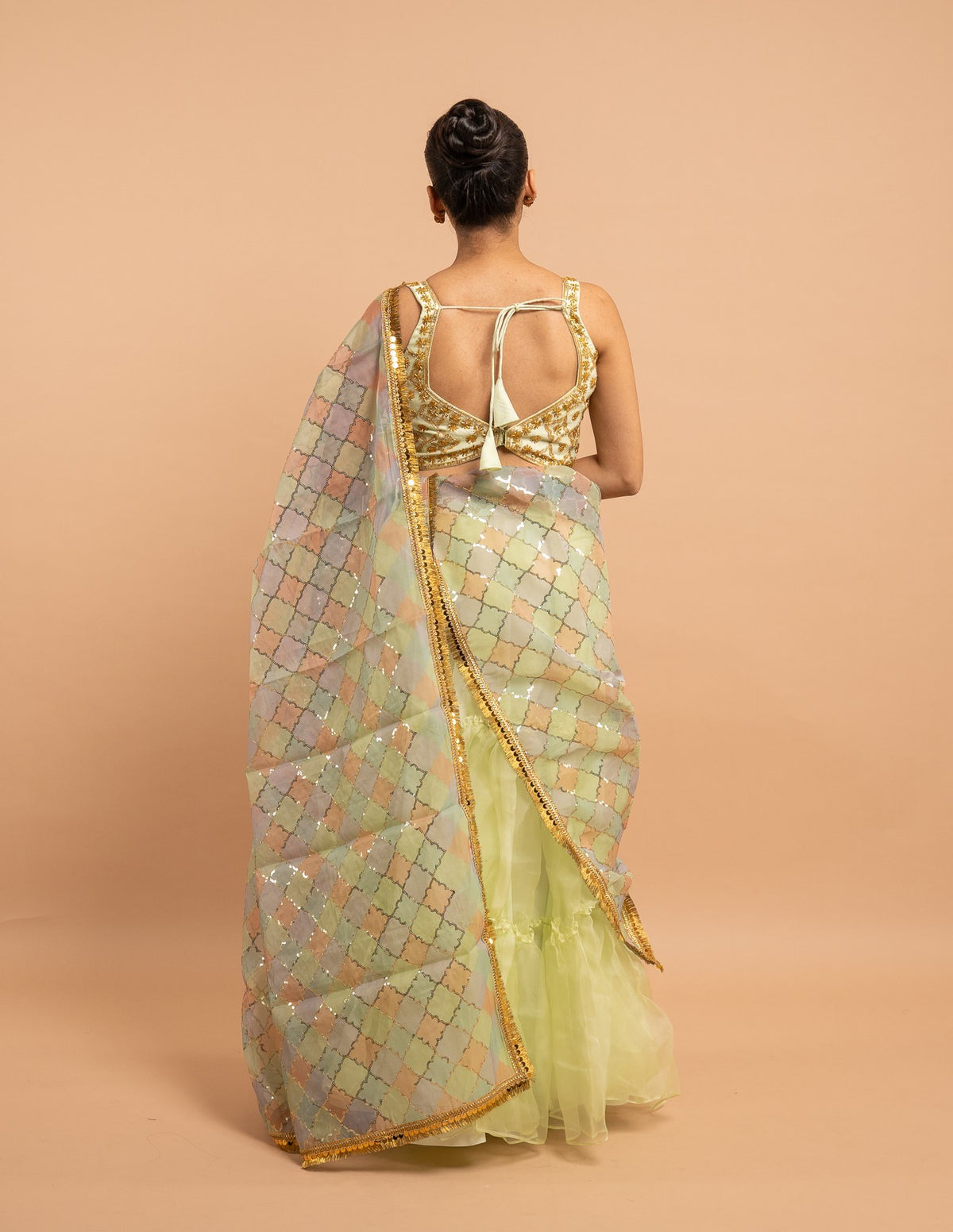Lime lehenga with pastel sequin dupatta – Organza silk