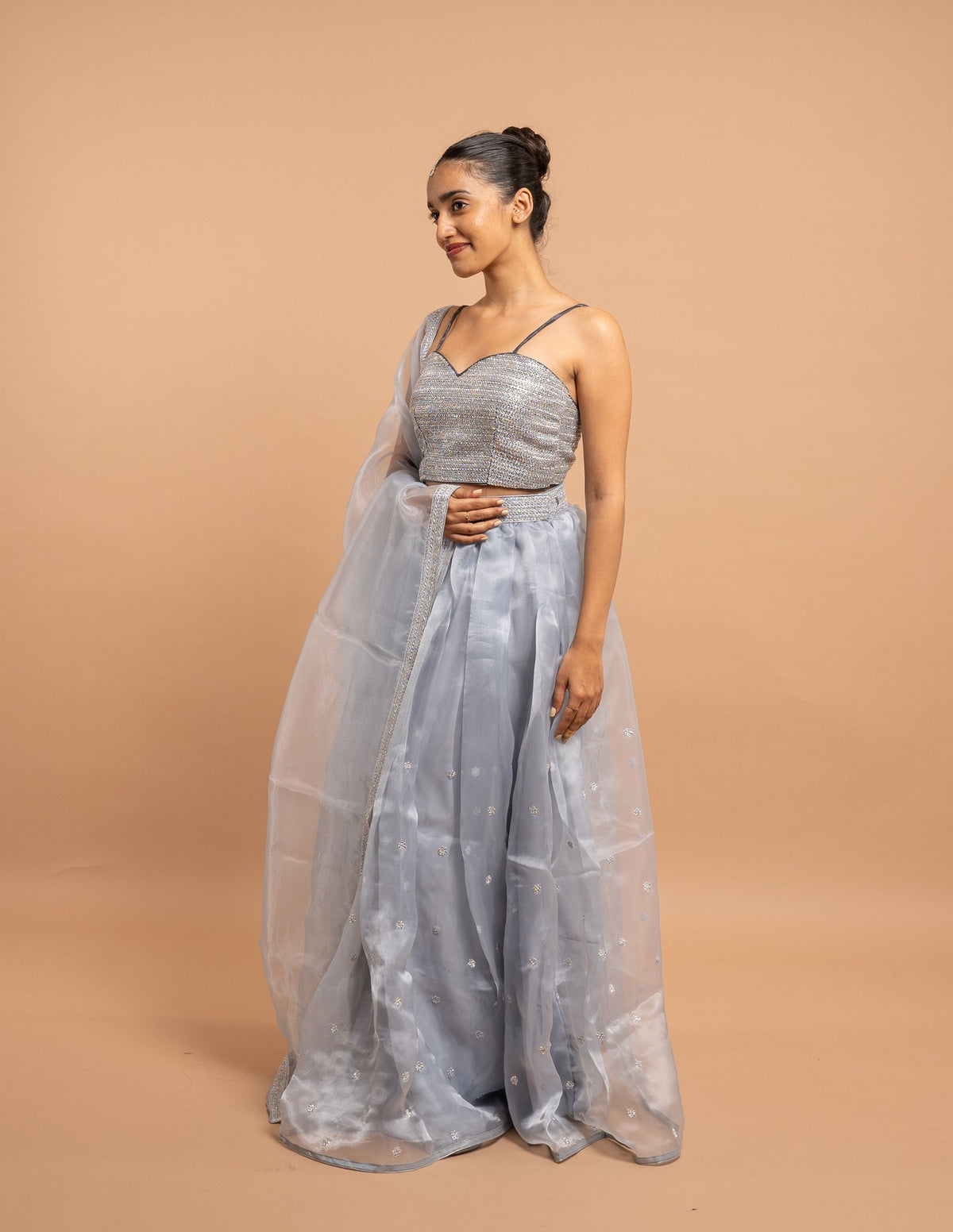 Powder blue lehenga with embroidered blouse – Organza silk