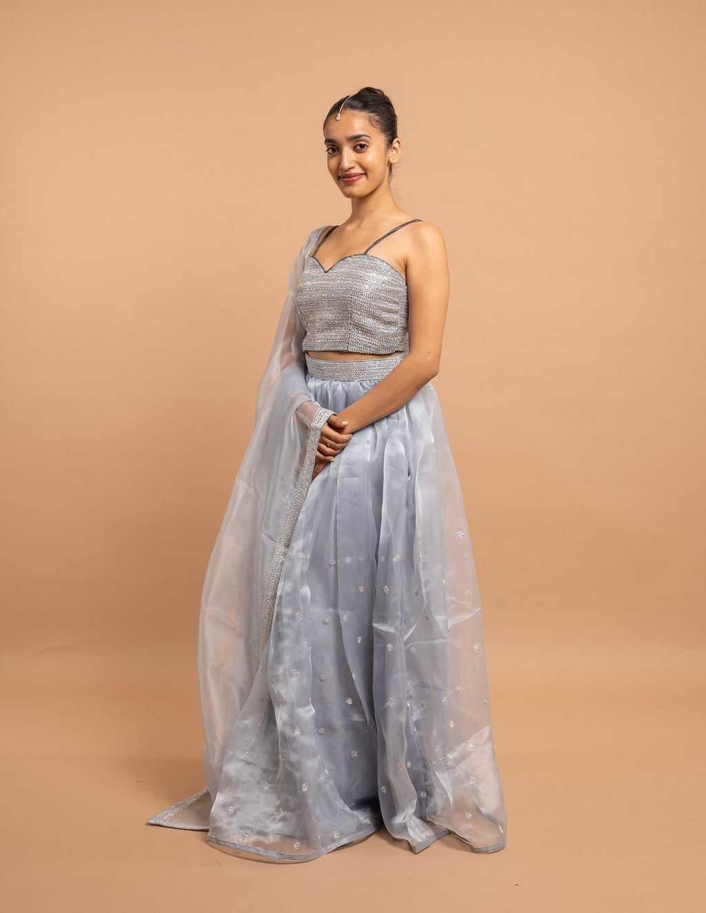 Powder blue lehenga with embroidered blouse – Organza silk