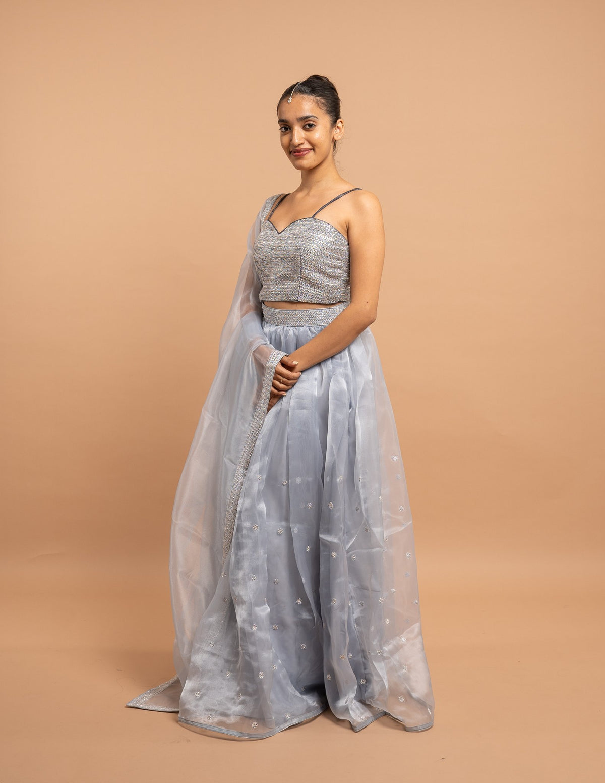 Powder blue lehenga with embroidered blouse – Organza silk