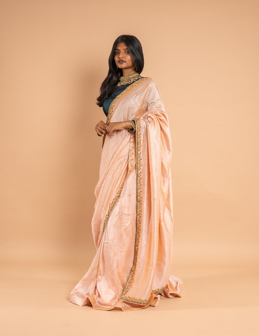 Peach zardozi border saree – Tissue silk