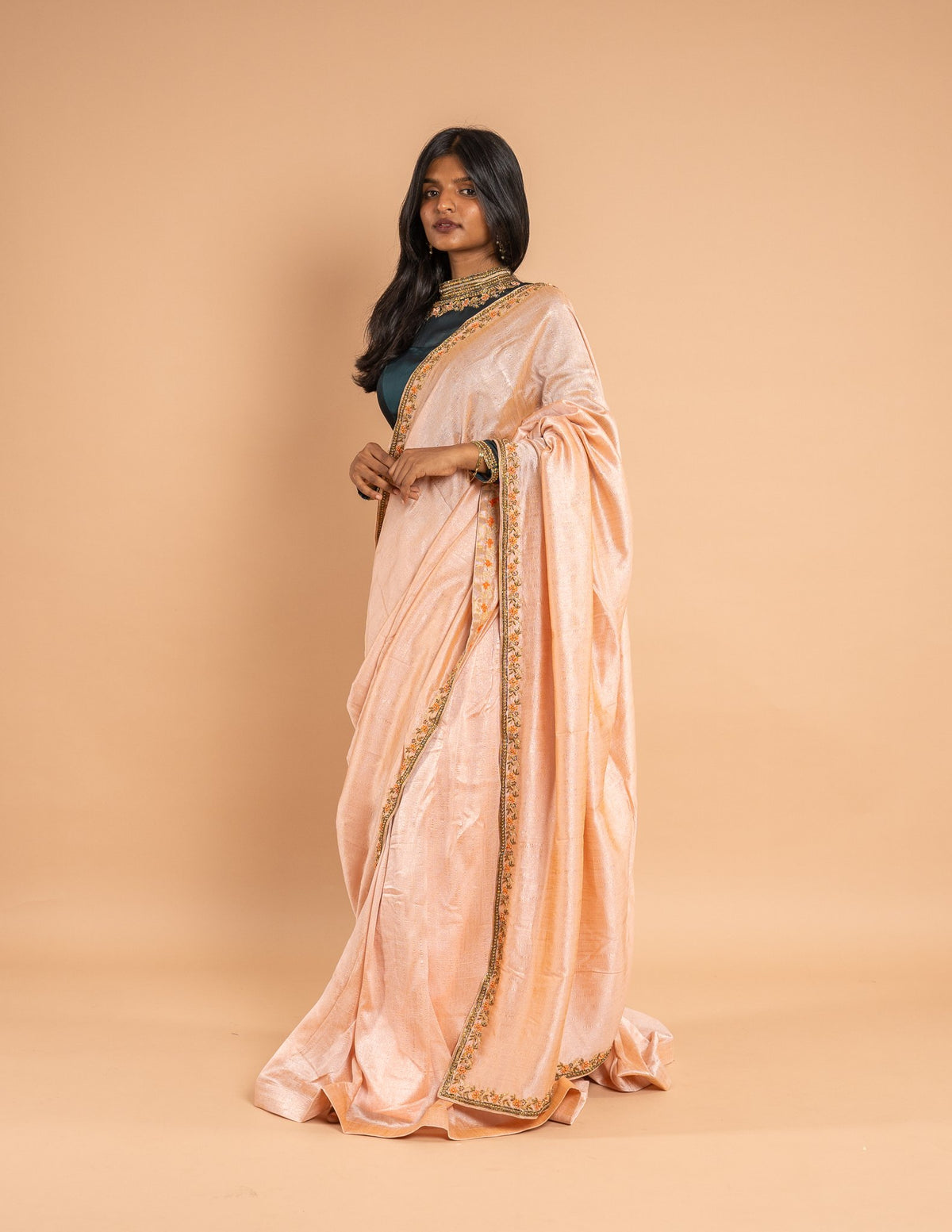 Peach zardozi border saree – Tissue silk