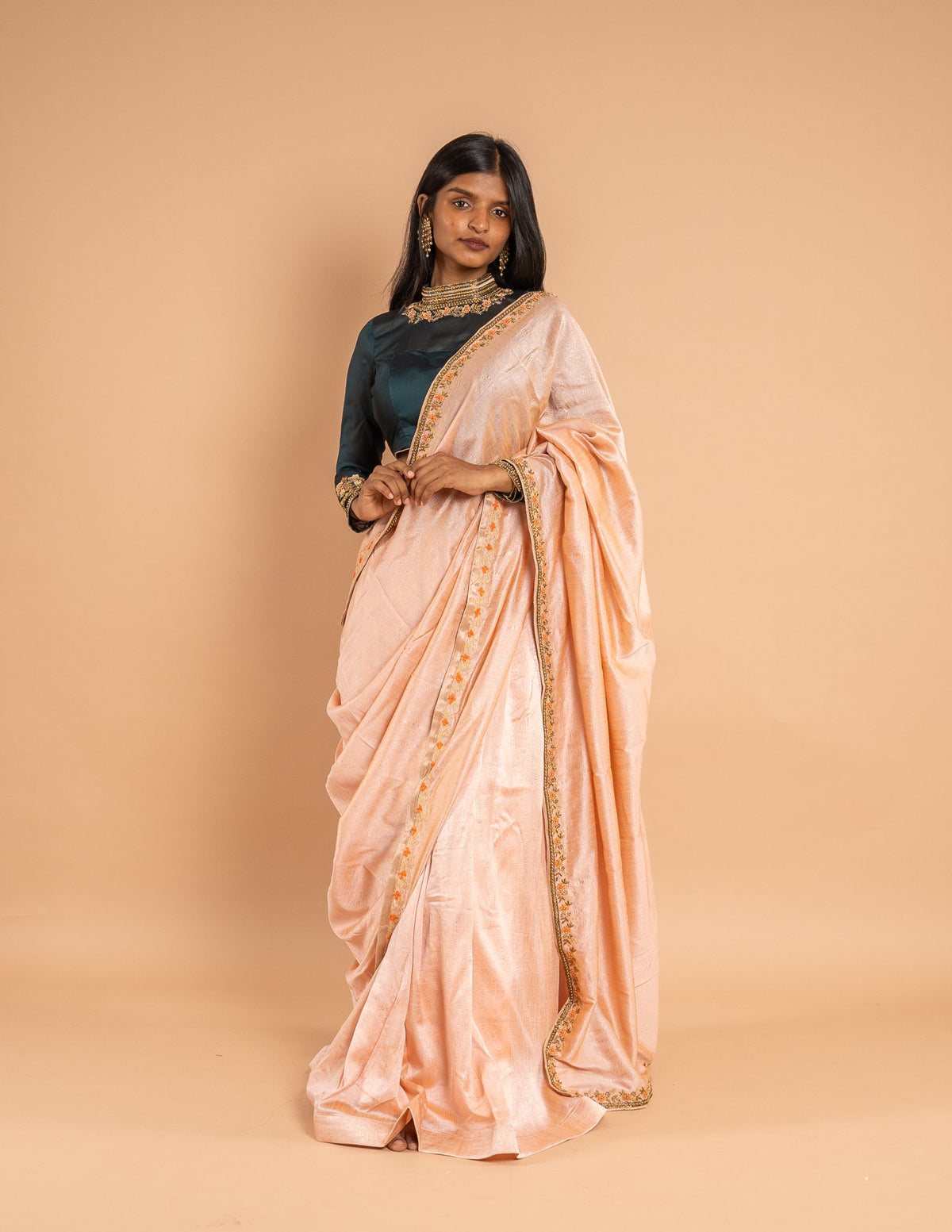 Peach zardozi border saree – Tissue silk