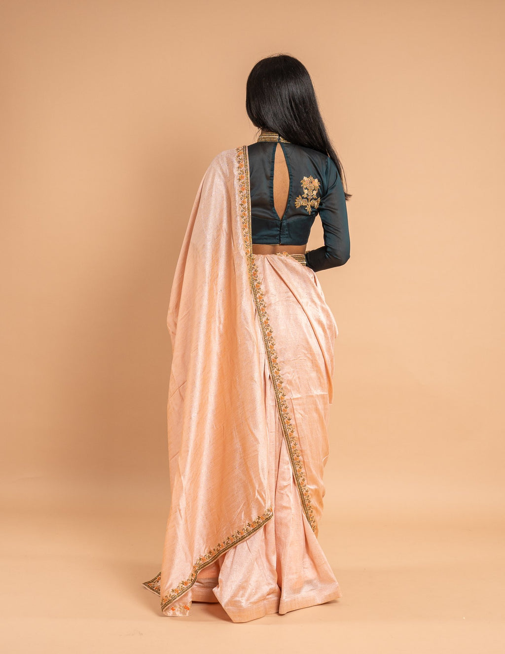 Peach zardozi border saree – Tissue silk