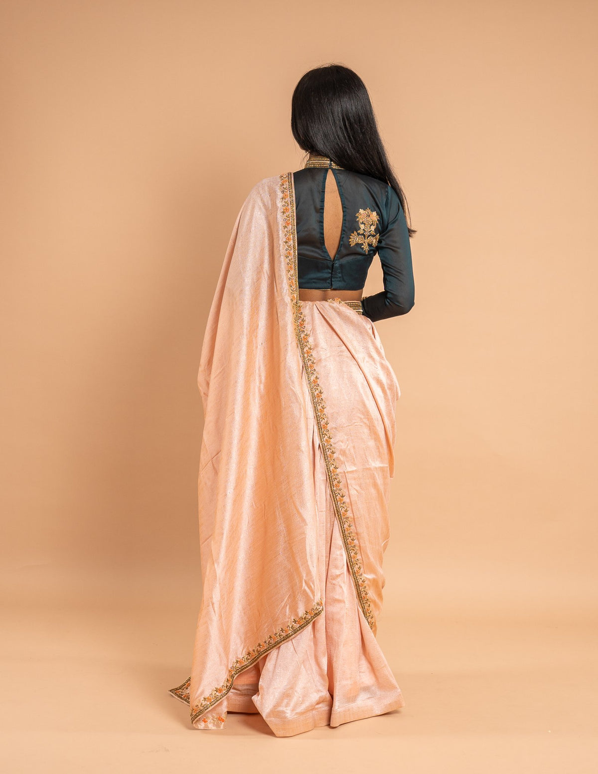 Peach zardozi border saree – Tissue silk