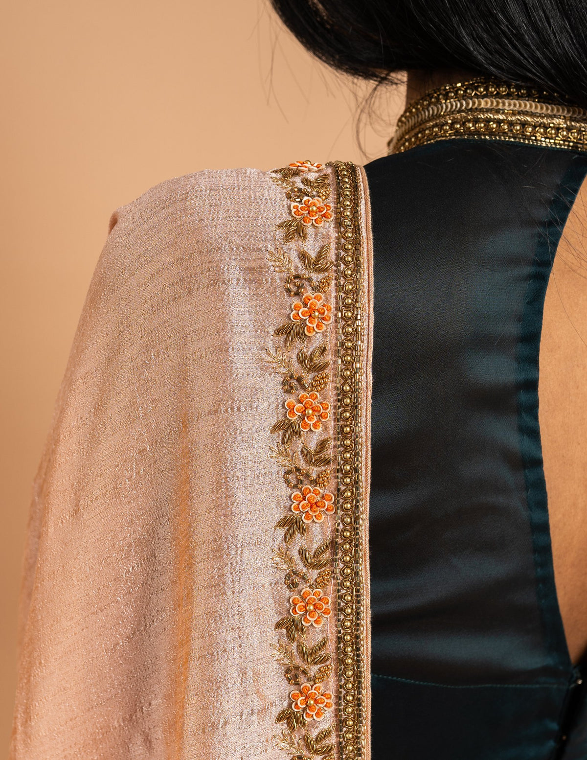 Peach zardozi border saree – Tissue silk