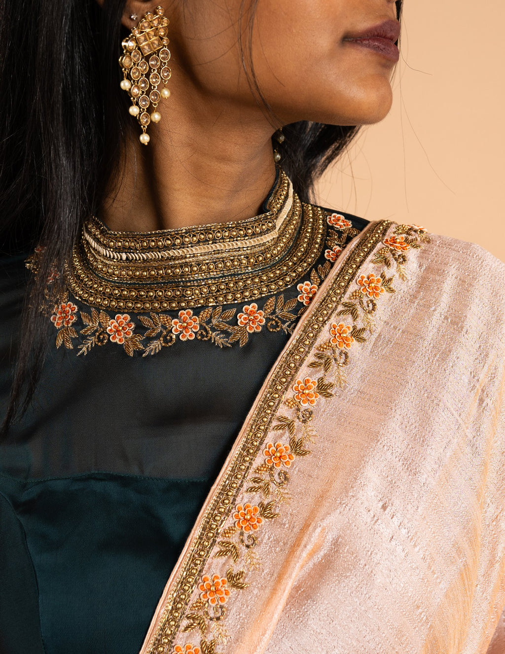 Peach zardozi border saree – Tissue silk