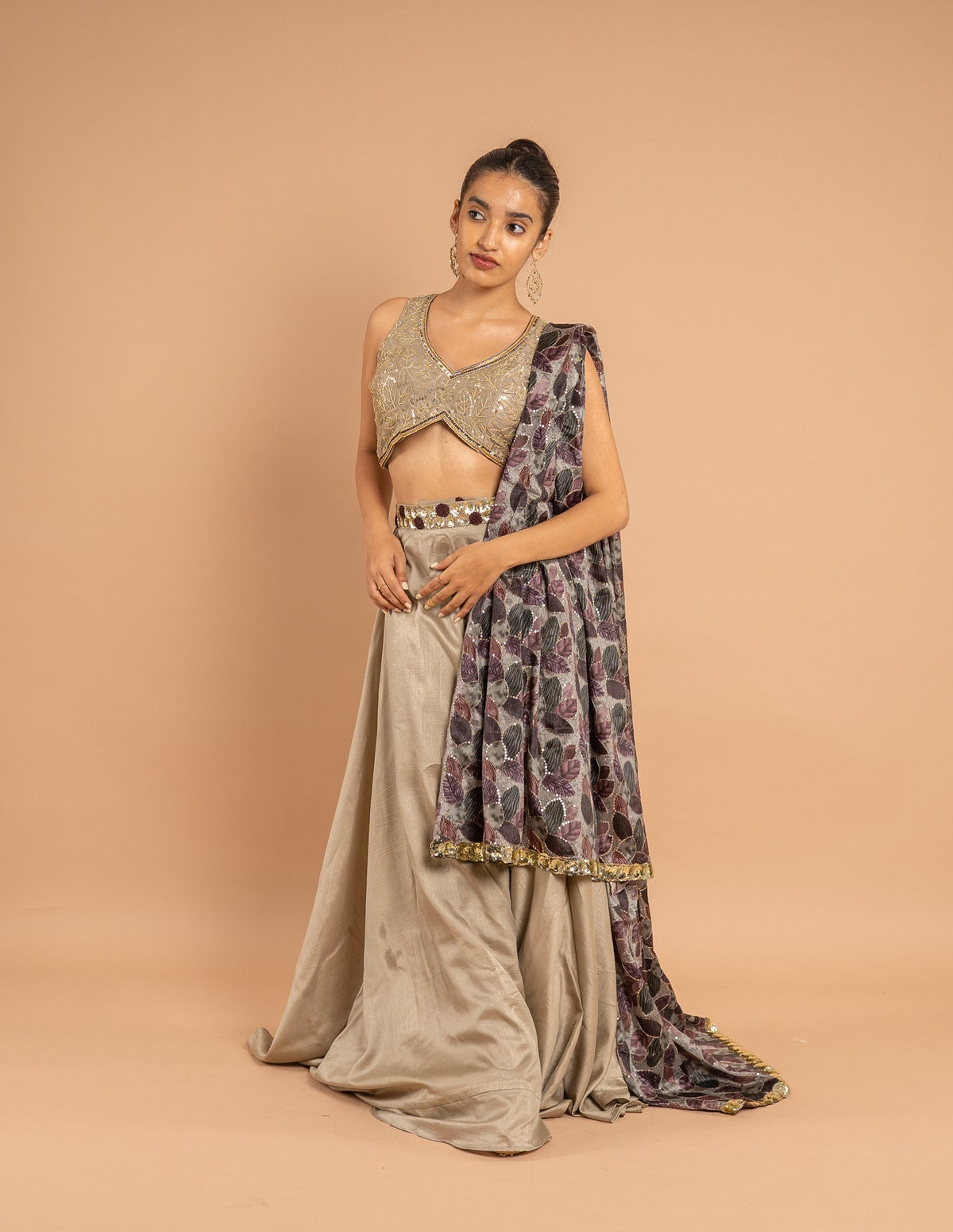 Grey lehenga with floral dupatta – Silk
