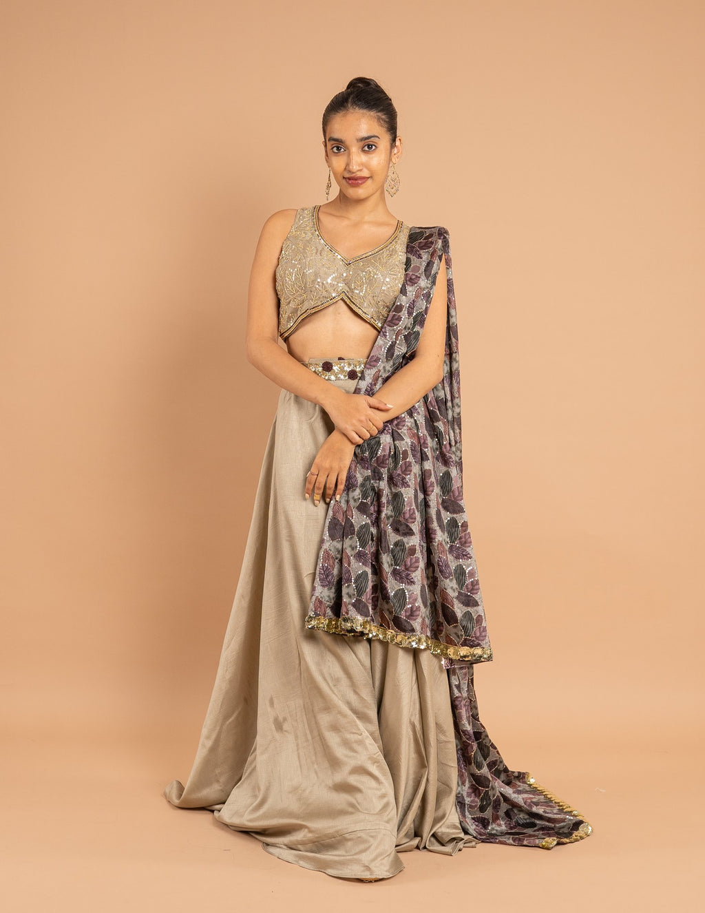 Grey lehenga with floral dupatta – Silk
