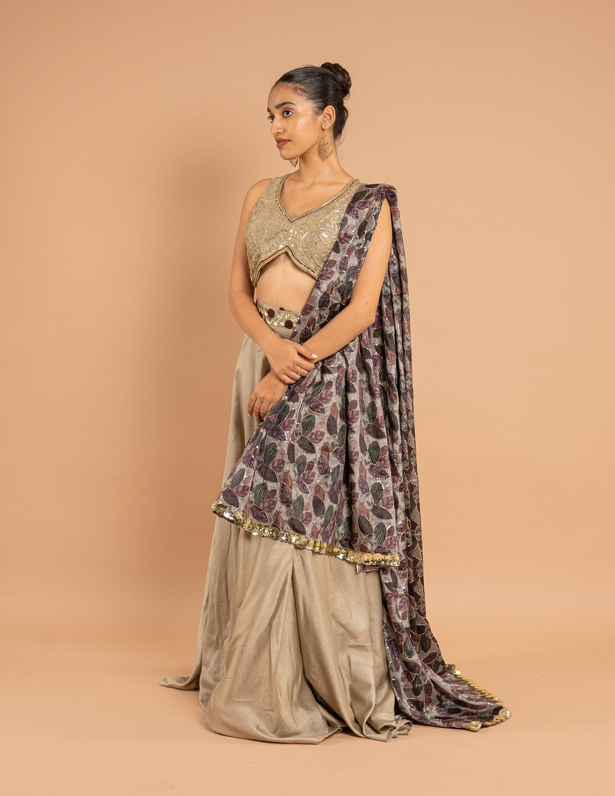 Grey lehenga with floral dupatta – Silk