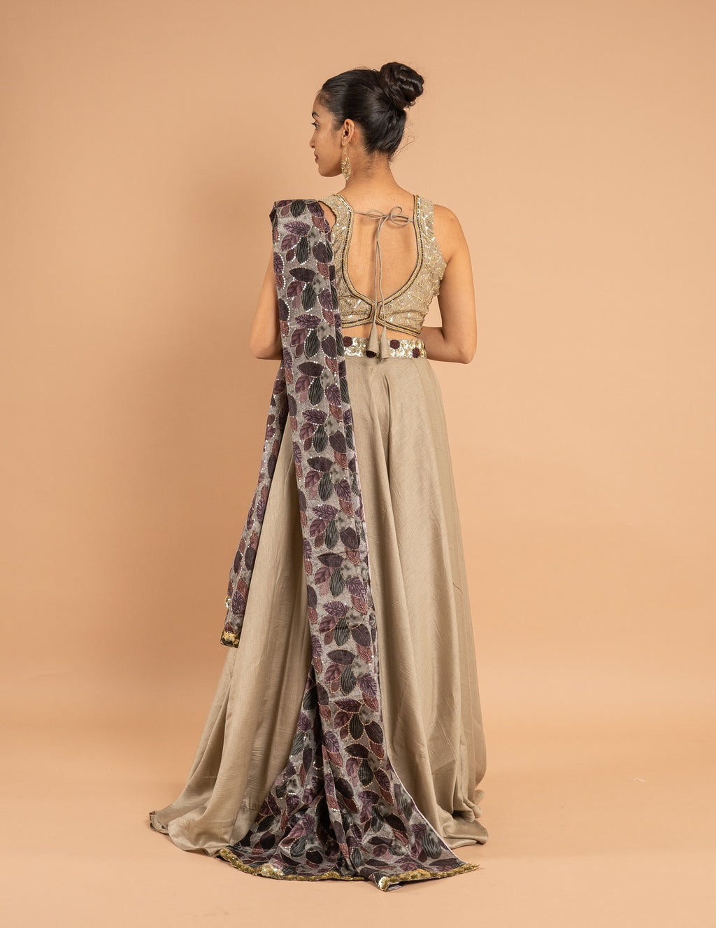 Grey lehenga with floral dupatta – Silk