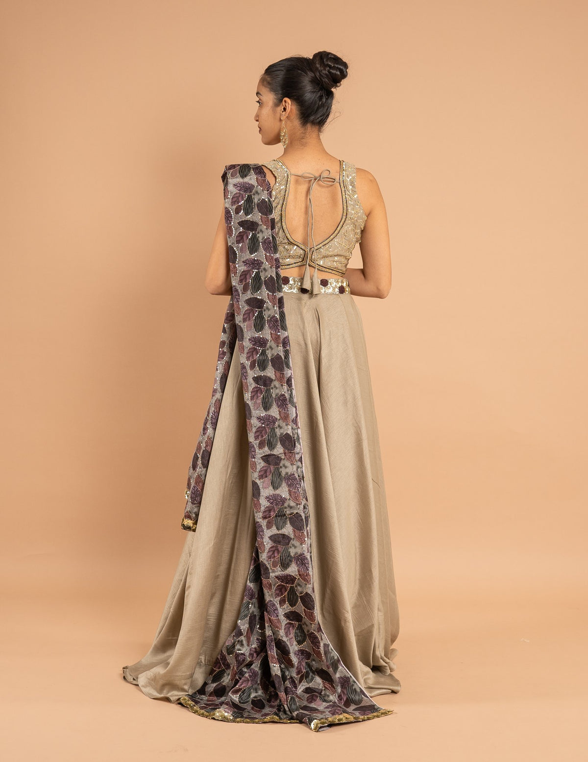 Grey lehenga with floral dupatta – Silk