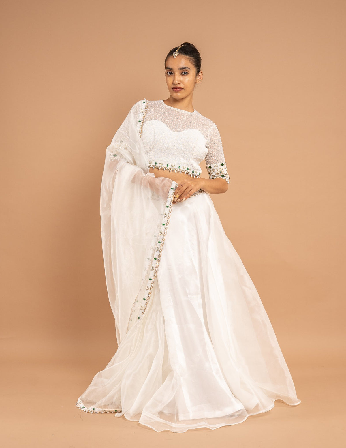 Ivory lehenga with pearl and emerald cape blouse – Organza silk