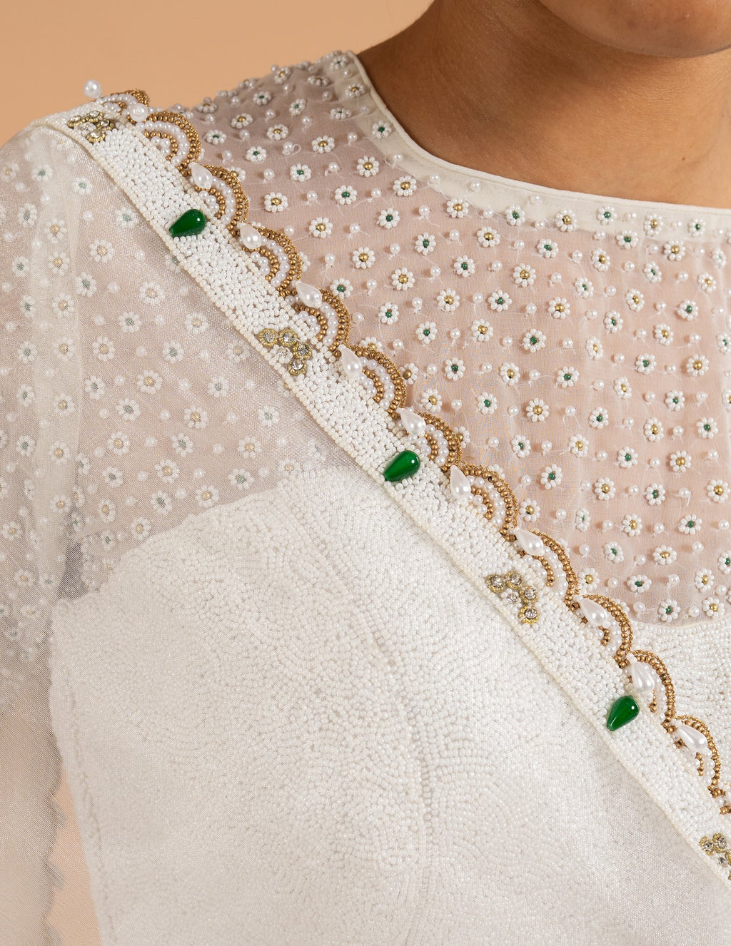 Ivory lehenga with pearl and emerald cape blouse – Organza silk