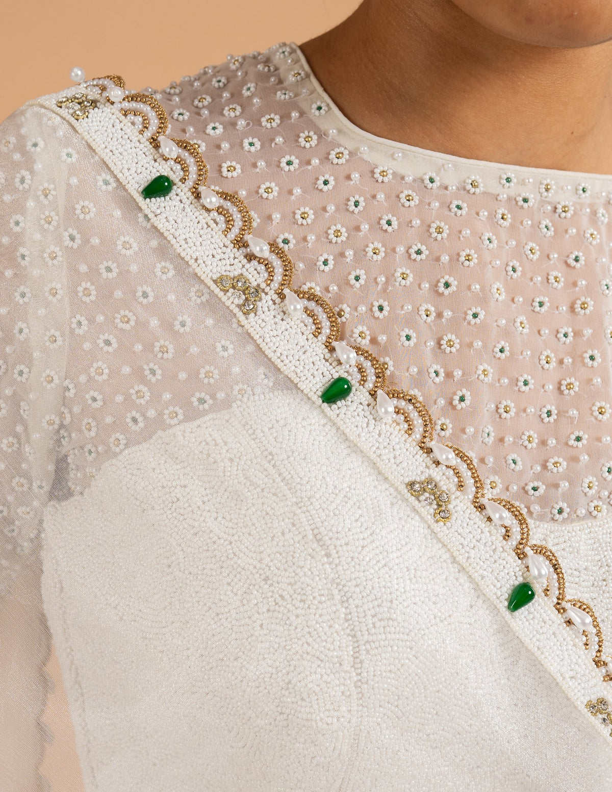 Ivory lehenga with pearl and emerald cape blouse – Organza silk
