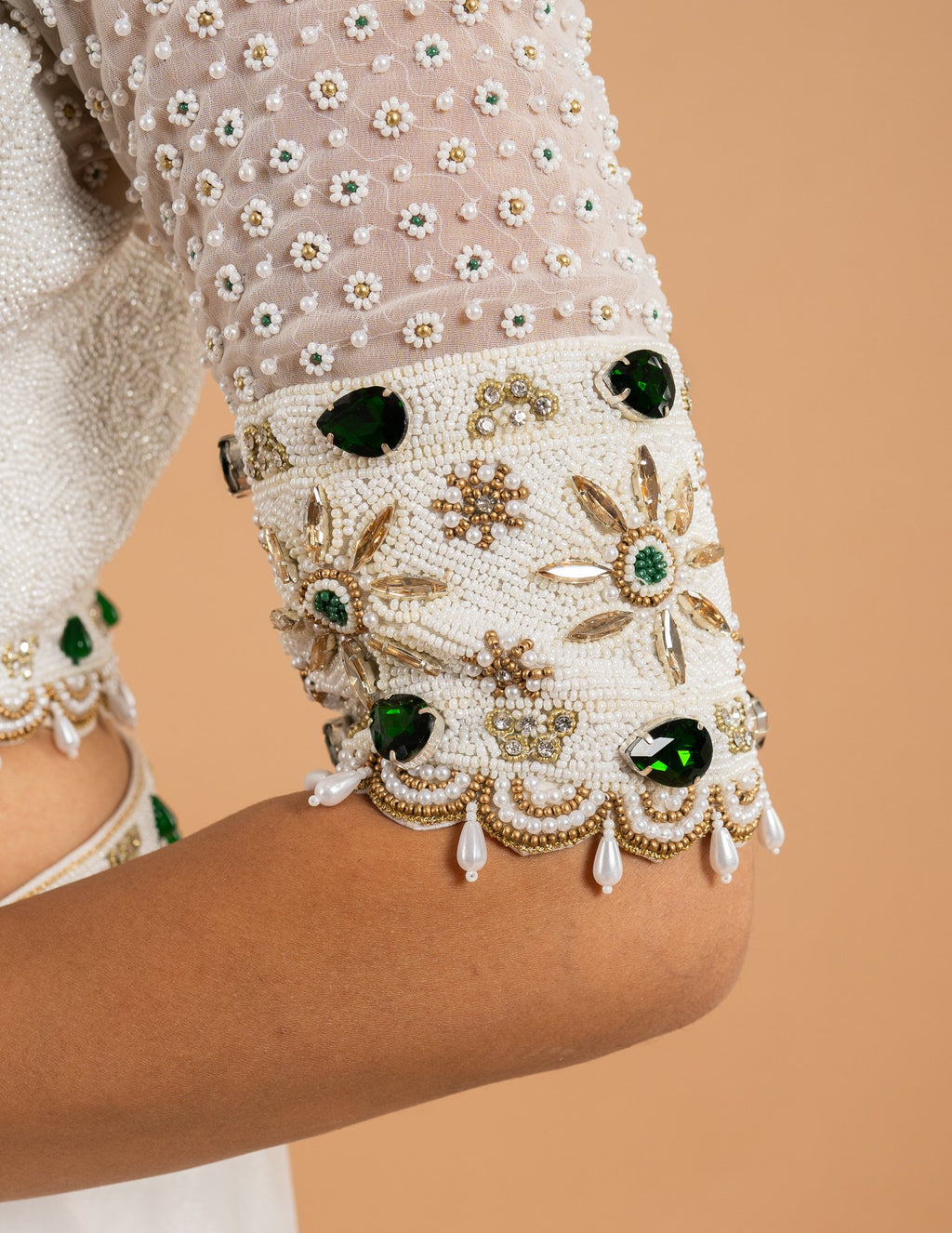 Ivory lehenga with pearl and emerald cape blouse – Organza silk