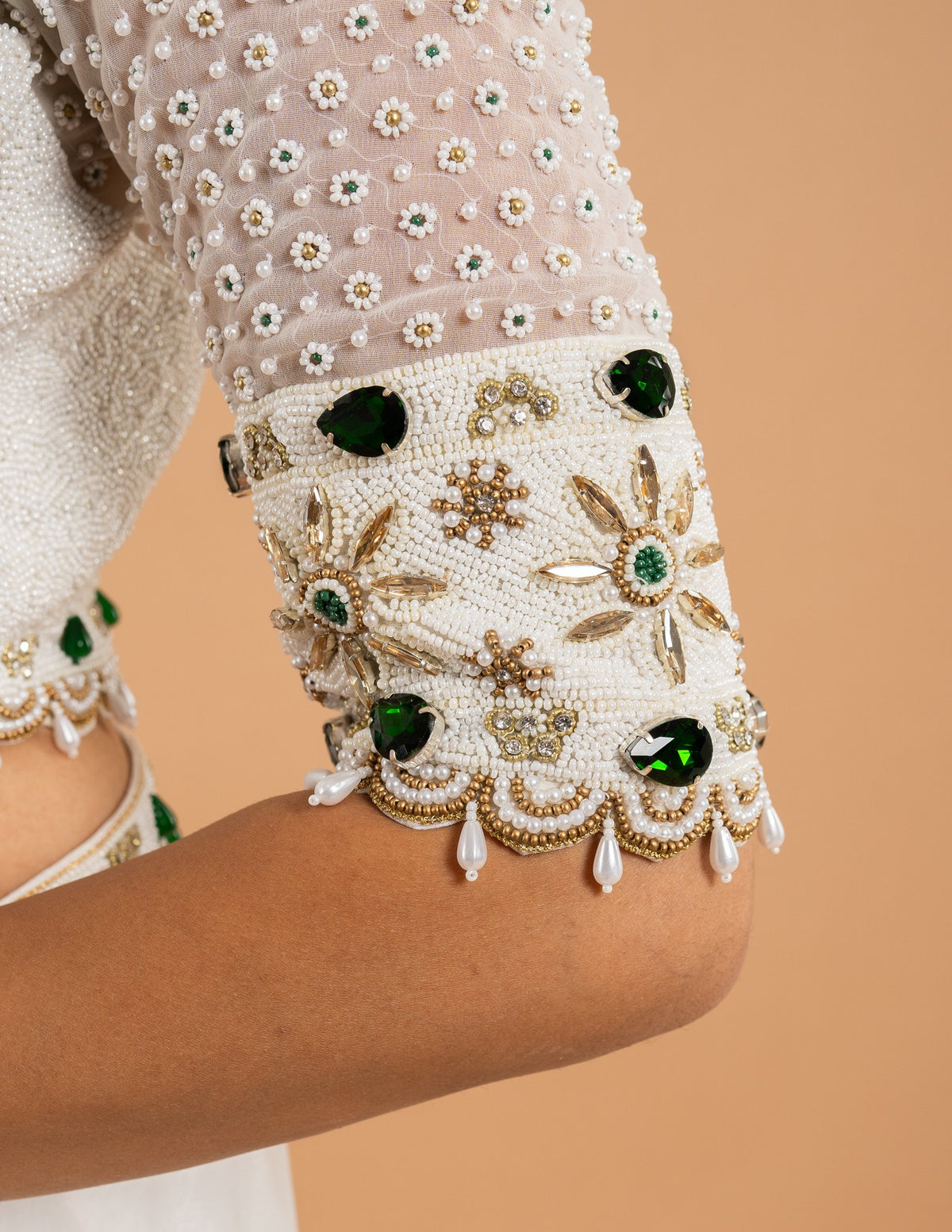 Ivory lehenga with pearl and emerald cape blouse – Organza silk